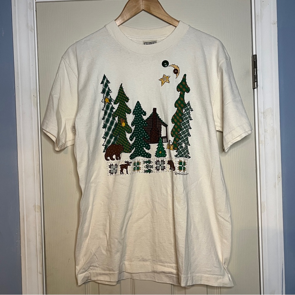 Alore Women T-Shirt Size L Tan Vintage Preppy Patchwork Print Short Sleeve Top